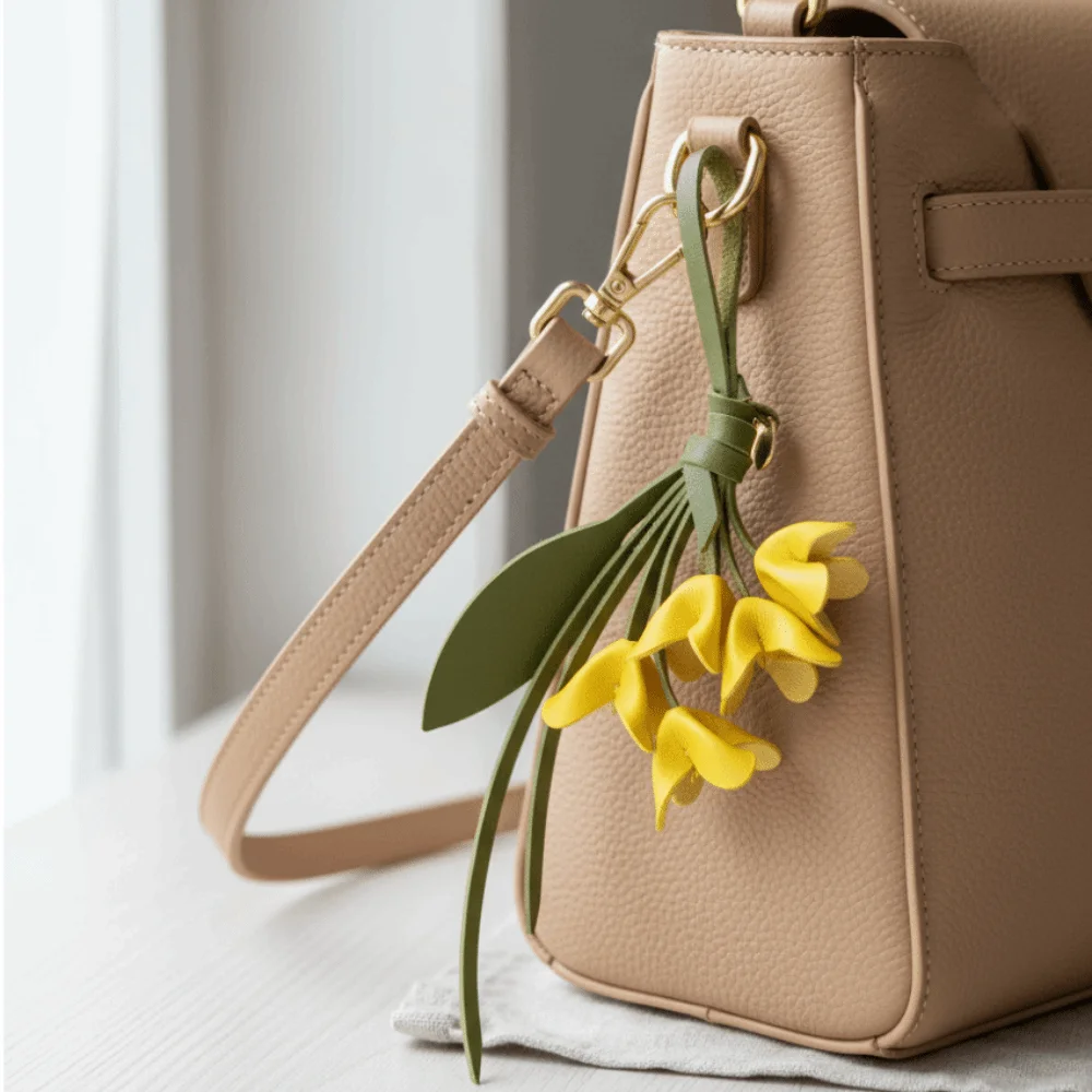 Trendy Hanger Flower Pu Leather Pendant Handmade Car Keyring Leather Keychain Creative Cartoon Bag Pendant Women - Image 5