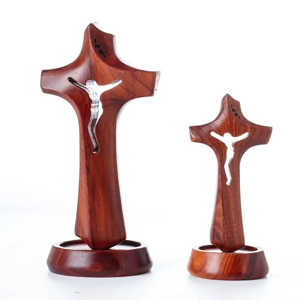 Art Wooden Hollow Cross Natural Detachable Religious Crosses Ornament Vintage with Base Crucifix Sculpture Easters Faith - Image 4